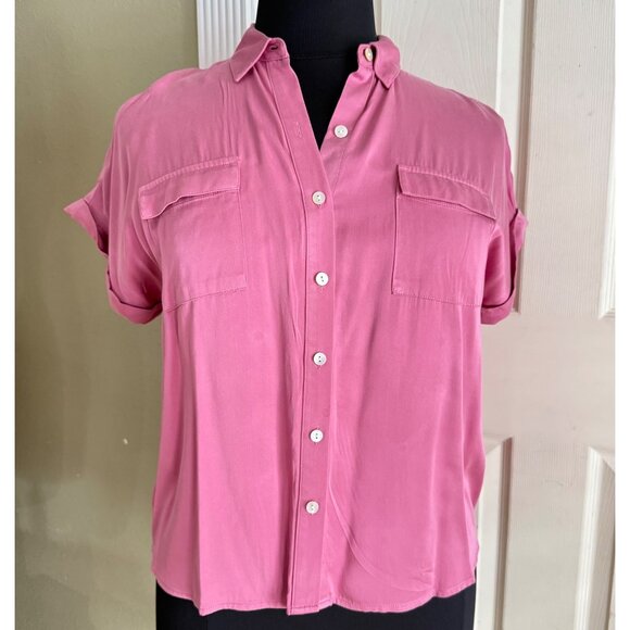 Size PM MP M petite J.Jill luxe camp shirt Pink Button up Short Sleeve modal Poc - Picture 3 of 9